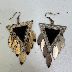 Boho Earrings Charm Gold Tone Black Triangle Dangle Southwest‎ Western Feather
